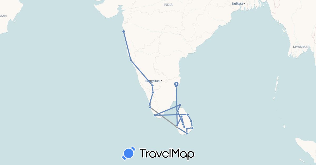 TravelMap itinerary: driving, plane, cycling in India, Sri Lanka (Asia)